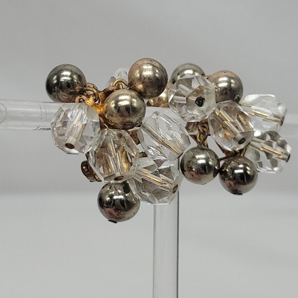 Vintage Cluster Clip-On Earrings With Clear Faceted Beads & Silver-Tone Balls - Picture 6 of 11